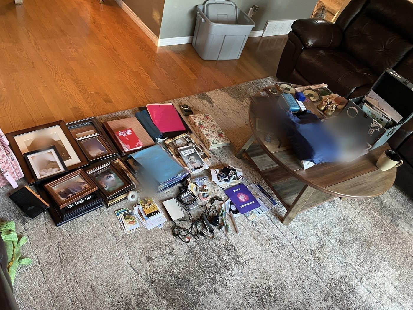 Sentimental belongings spread out before sorting.